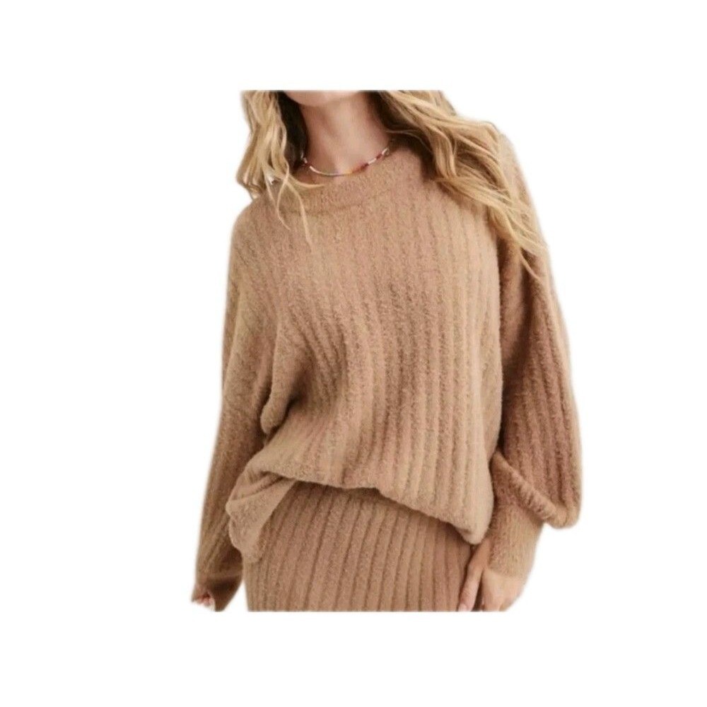 Aerie Fuzzy Ribbed Sweater Womens M Tan Oversized Soft Cozy Knit Pullover EUC